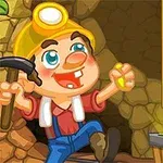Một người thợ mỏ hoạt hình đang cầm búa, đội mũ bảo hộ có đèn, vui vẻ cầm một cục vàng đứng trong hầm mỏ