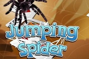 Một con nhện nhảy gần các lá bài với chữ Jumping Spider nổi bật ở phía trước