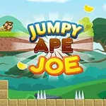 Một khỉ nhỏ đứng trên một nền đất trong khu rừng, với tên JUMPY APE JOE hiện lên phía trên, xung quanh có nhảy chuối và các khối vuông