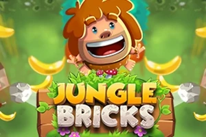 Nhân vật hoạt hình vui vẻ đứng giữa rừng xanh, xung quanh là những quả chuối, với chữ Jungle Bricks nổi bật ở phía dưới