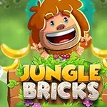 Nhân vật hoạt hình vui vẻ đứng giữa rừng xanh, xung quanh là những quả chuối, với chữ Jungle Bricks nổi bật ở phía dưới