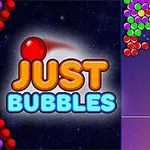 Hình ảnh hiển thị một trò chơi bắn bóng với từ Just Bubbles ở bên trái và các quả bóng nhiều màu sắc xếp chồng lên nhau ở bên phải