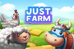 Gà, cừu và bò hoạt hình với mũ Viking trước cánh đồng xanh, bên dưới dòng chữ Just Farm