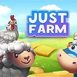 Gà, cừu và bò hoạt hình với mũ Viking trước cánh đồng xanh, bên dưới dòng chữ Just Farm