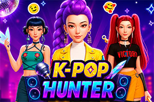Ba cô gái phong cách K-pop đầy màu sắc trên nền neon tím, với loa, biểu tượng âm nhạc và dòng chữ K-POP HUNTER