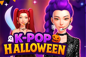 Hai cô gái phong cách K-pop trong chủ đề Halloween với nền tím neon, chữ K-POP HALLOWEEN, bí ngô và ma nhỏ