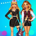 Hai cô gái trẻ mặc trang phục thời trang đứng trên nền xanh với ánh sáng nhiều màu sắc, một người cầm cây đàn guitar