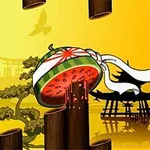 Quả dưa hấu bị chém đôi với hậu cảnh phong cảnh Á Đông và bóng dáng cổng đền
