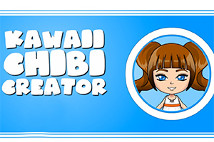 Nền màu xanh với dòng chữ Kawaii Chibi Creator và hình ảnh chibi cô gái tóc nâu trong khung tròn