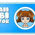 Nền màu xanh với dòng chữ Kawaii Chibi Creator và hình ảnh chibi cô gái tóc nâu trong khung tròn