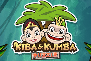 Hai chú khỉ hoạt hình đội vương miện đứng dưới cây cọ, với chữ Kiba & Kumba Puzzle bên dưới
