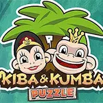 Hai chú khỉ hoạt hình đội vương miện đứng dưới cây cọ, với chữ Kiba & Kumba Puzzle bên dưới