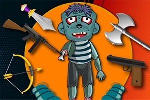 Một nhân vật hoạt hình có vẻ ngoài như zombie đứng giữa, xung quanh là các vũ khí như kiếm, cung tên, rìu, súng ngắn và súng trường