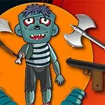 Một nhân vật hoạt hình có vẻ ngoài như zombie đứng giữa, xung quanh là các vũ khí như kiếm, cung tên, rìu, súng ngắn và súng trường