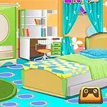 Phòng ngủ nhiều màu sắc với giường, bàn học, rèm cửa xanh và thảm tròn