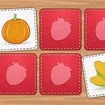 Hình ảnh gồm sáu ô vuông, một số có các biểu tượng nông sản như bí ngô và ngô, và các ô khác có hình dạng quả màu hồng trên nền đỏ