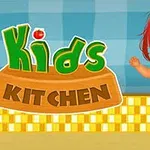 Bé tóc đỏ mặc áo sọc đứng bên cạnh chữ Kids Kitchen trên nền bếp đầy màu sắc
