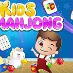 Hình ảnh có một cậu bé đang nháy mắt, xung quanh là nhiều đồ chơi màu sắc như kỳ lân, phi thuyền và các khối xếp hình, nền màu xanh và chữ Kids Mahjong nổi bật