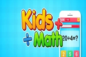 Dòng chữ Kids Math đầy màu sắc bên cạnh hình ảnh một chiếc điện thoại hiển thị phép toán 20÷4=?