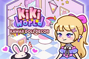 Cô gái chibi tóc vàng trong căn phòng trang trí tông tím hồng dễ thương với logo Kiki World