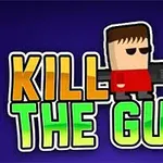Hình ảnh một nhân vật hoạt hình mặc áo đỏ, cầm súng, đứng cạnh dòng chữ KILL THE GUY trên nền màu xanh tím
