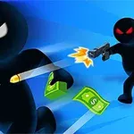 Nhân vật bóng đen cầm tiền chạy trốn trong khi bị nhân vật khác đuổi bắn
