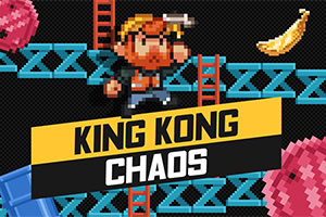 Hình ảnh một nhân vật pixel leo thang với thùng, trái chuối và tiêu đề King Kong Chaos