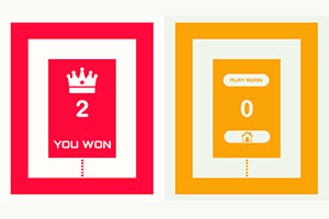 Hình ảnh gồm hai khung màu đỏ và cam với con số và thông điệp chiến thắng, cùng nút chọn chơi lại và biểu tượng ngôi nhà