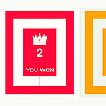 Hình ảnh gồm hai khung màu đỏ và cam với con số và thông điệp chiến thắng, cùng nút chọn chơi lại và biểu tượng ngôi nhà