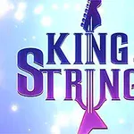 Dòng chữ King of Strings với hình ảnh cây đàn guitar cách điệu nằm trên nền sáng lấp lánh