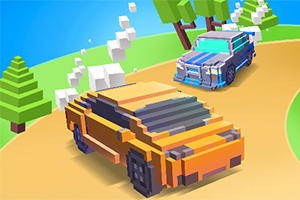 Hai chiếc ô tô kiểu pixel đang đua trên con đường cong, với cây cối xung quanh và bầu trời trong xanh
