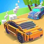 Hai chiếc ô tô kiểu pixel đang đua trên con đường cong, với cây cối xung quanh và bầu trời trong xanh