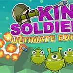Bìa nền hoạt hình với chữ lớn KING SOLDIERS ULTIMATE EDITION và ba sinh vật màu xanh lá cùng hình ảnh bắn pháo nổ