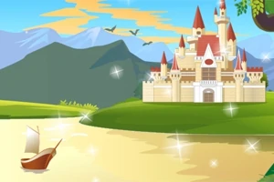 Lâu đài với mái ngói đỏ nằm bên dòng sông lấp lánh, với núi non và cây cối xanh tươi trong khung cảnh