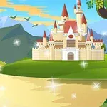 Lâu đài với mái ngói đỏ nằm bên dòng sông lấp lánh, với núi non và cây cối xanh tươi trong khung cảnh