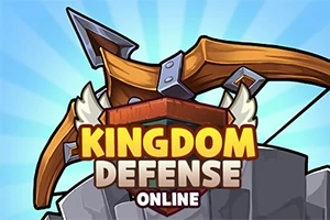 Hình ảnh có nền trời xanh với một chiếc cung lớn và các mũi tên, cùng dòng chữ KINGDOM DEFENSE ONLINE nổi bật ở phía trước