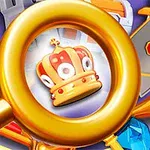 Hình ảnh mô tả một vương miện màu cam dưới kính lúp bằng vàng, xung quanh là các viên đá xanh và các vật phẩm khác