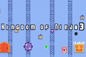 Hình ảnh có nền xanh với các cấu trúc gạch dọc, chữ Kingdom of Ninja 3, và các biểu tượng như cánh cửa màu cam, quái vật vuông nhỏ, và nút Level Up