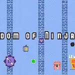 Hình ảnh có nền xanh với các cấu trúc gạch dọc, chữ Kingdom of Ninja 3, và các biểu tượng như cánh cửa màu cam, quái vật vuông nhỏ, và nút Level Up