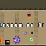 Hình ảnh hiển thị một màn hình với chữ Kingdom of Ninja 4 cùng các yếu tố đồ họa như cửa, ninja, vật phẩm và nút level up