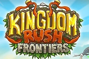 Kingdom Rush Frontiers Logo với chữ Kingdom Rush Frontiers nổi bật trên nền bầu trời xanh, được trang trí bằng lá cây và hai thanh đao