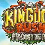 Kingdom Rush Frontiers Logo với chữ Kingdom Rush Frontiers nổi bật trên nền bầu trời xanh, được trang trí bằng lá cây và hai thanh đao