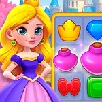 Công chúa tóc vàng đứng cạnh bảng ghép các biểu tượng như vương miện, kim cương, lọ thuốc và khiên