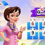 Người phụ nữ hoạt hình đứng cạnh một bàn chơi bài với các quân bài được sắp xếp, phía trên có dòng chữ Kings & Queens