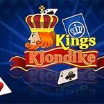 Hình ảnh có nền màu xanh với biểu tượng vua đội vương miện, chữ Kings Klondike nổi bật trên dải ruy băng đỏ cùng với các lá bài xung quanh
