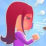 Nhân vật hoạt hình với mái tóc đỏ đang thổi mạnh, xung quanh có các biểu tượng chuyển động và nền xanh