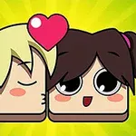 Hai nhân vật hoạt hình hình vuông với mái tóc vàng và nâu, thể hiện biểu cảm dễ thương với trái tim màu hồng trên đầu, trên nền màu xanh lá cây
