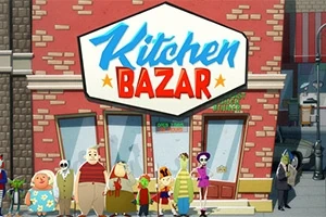 Một nhóm nhân vật hoạt hình đứng trước một cửa hàng có biển hiệu Kitchen Bazar trên nền tường gạch đỏ