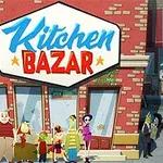 Một nhóm nhân vật hoạt hình đứng trước một cửa hàng có biển hiệu Kitchen Bazar trên nền tường gạch đỏ