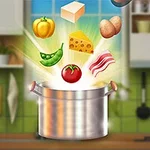 Nhiều nguyên liệu nấu ăn như cà chua, đậu Hà Lan, phô mai và thịt xông khói bay lên từ một cái nồi thép trong gian bếp